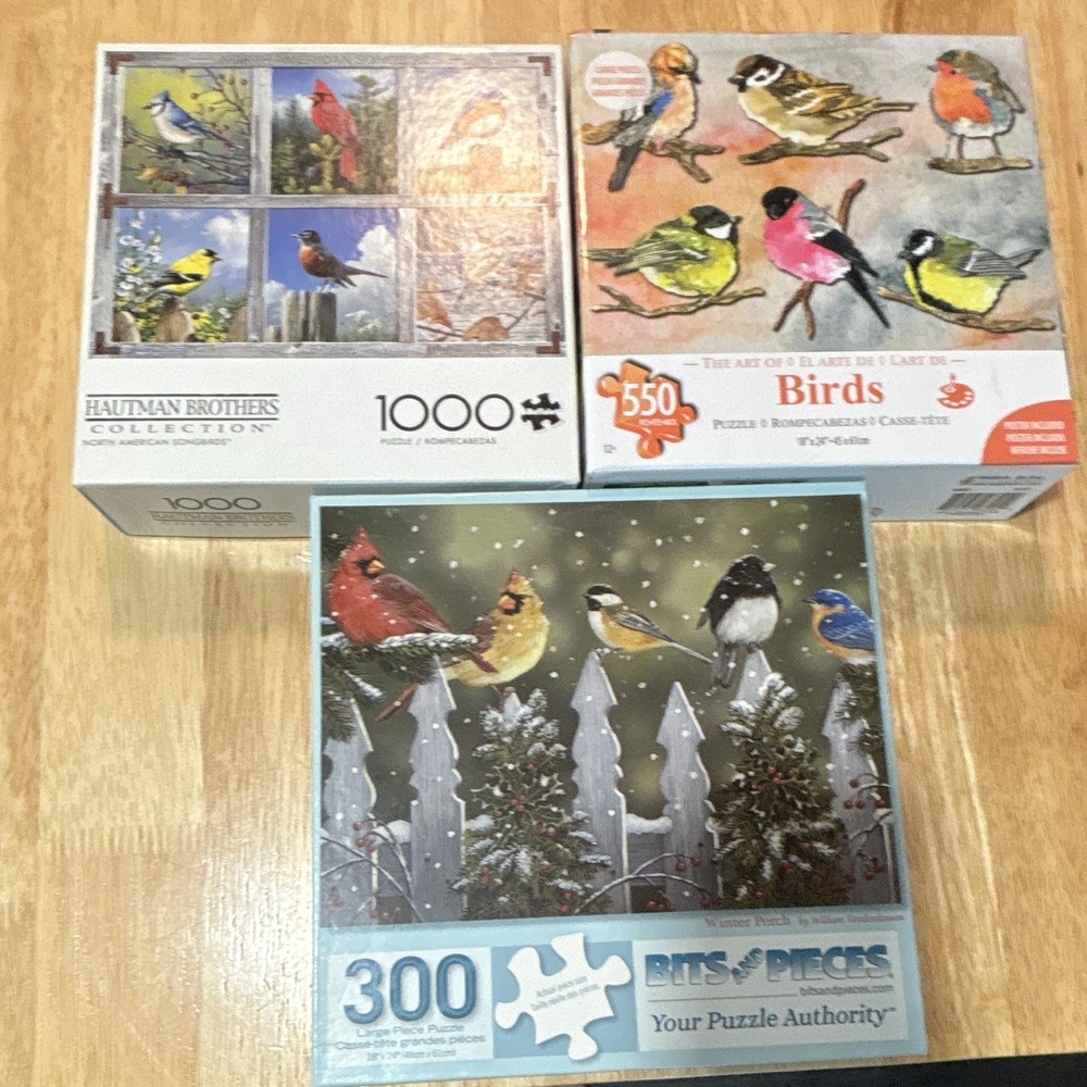 Beautiful Birds Puzzle Pack of 3, Winter Perch, N. American Songbirds, & Birds